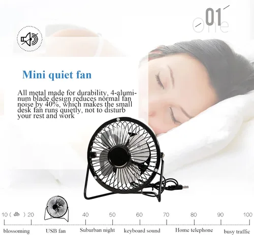 Miniatura 3 de Sokelinn-six Ventilador de escritorio USB pequeño de 4 pulgadas, mini ventilador de refrigeración personal silencioso de metal para el hogar, Negro