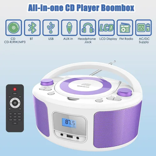 Miniatura 2 de Reproductor de CD Radio Portátil con Bluetooth, Radio FM, Control Remoto, Entrada USB y Conector de Auriculares de 3.5mm AUX, Reproducción