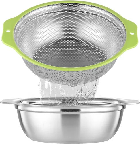 Miniatura 10 de Colador de Acero Inoxidable Microporoso, Lavador de Arroz de Gran Capacidad de 5QT con Tazón Mezclador, Juego de Tazón Colador de Arroz de 12.5