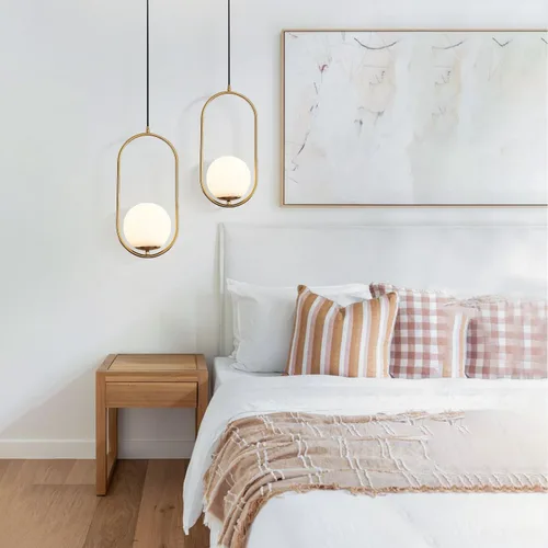 Miniatura 6 de KCO Moderna lámpara colgante de globo de vidrio de 1 luz, lámpara colgante dorada y blanca, iluminación colgante minimalista de latón cepillado