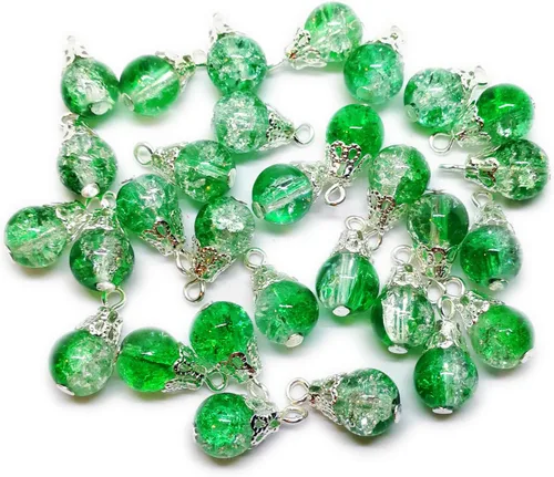 Miniatura 11 de 30pcs Handcrafted Crackle Glass Beads Drops w/Silver Wire & Bead Cap ~Jewelry Making~ (Army Green)