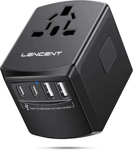 LENCENT Adaptador de corriente de viaje universal, adaptador de enchufe de CA internacional con 2 puertos USB C 2 USB A, cargador de pared para Negro