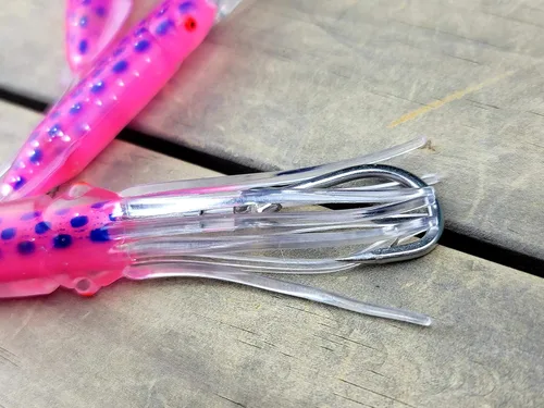 Miniatura 3 de Lobo Lures Cadena de calamar de cuerpo suave, color rosa y azul, caramelo de atún de 4.5 pulgadas, gran juego, pesca, margarita, señuelo de arrastre