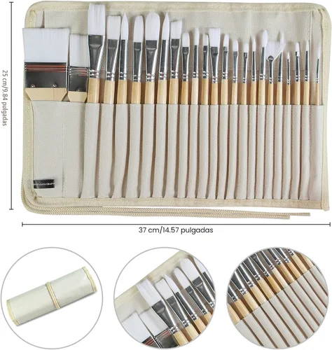 Miniatura 4 de Juego de 24 pinceles de pintura con mango de madera con estuche de pincel de lona, profesional para pintura al óleo, acrílico y acuarela