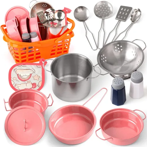 Juego de accesorios de cocina para niños, juguete de cocina para niños, juego de cocina para niños pequeños, para niñas y niños, incluye ollas y Rosa