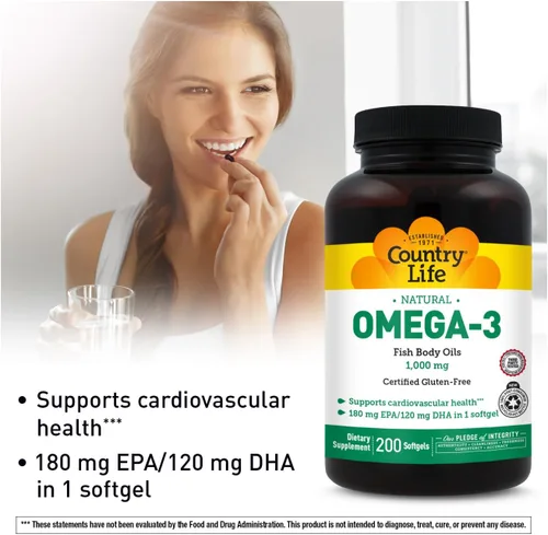 Miniatura 4 de Country Life Suplemento de aceite de pescado omega-3, 1000 mg, 180 mg de EPA y 120 mg de DHA, concentrado de aceite de pescado, sin erupciones, 200