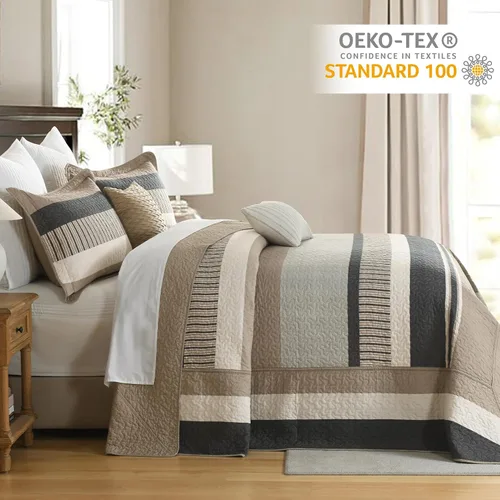 Miniatura 3 de Finlonte Colcha tamaño King, 100% algodón, colcha de gran tamaño King de tamaño King, color marrón carbón, beige, California King, acolchada, a