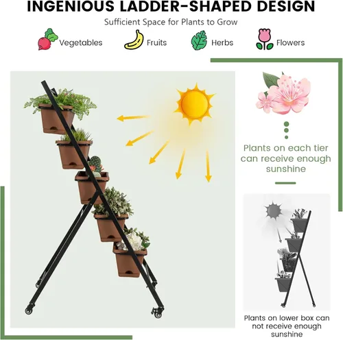 Miniatura 9 de Giantex Cama de jardín elevada vertical sobre ruedas, macetas elevadas de 5 niveles, camas de jardín con orificio de drenaje, 5 contenedores