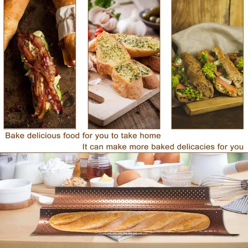 Miniatura 2 de Juego de 2 sartenes para baguette con paño de prueba, antiadherente de 2 ranuras para pan francés para baguette casero, bandeja de bronce vintage