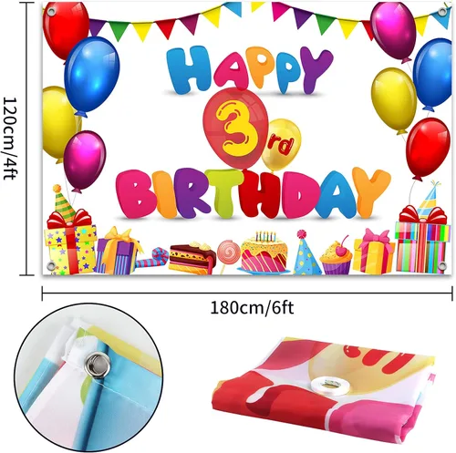 Miniatura 2 de HAMIGAR Fondo de pancarta de feliz cumpleaños de 6 x 4 pies, decoraciones de cumpleaños de 3 años, suministros de fiesta para niñas y niños, colorido