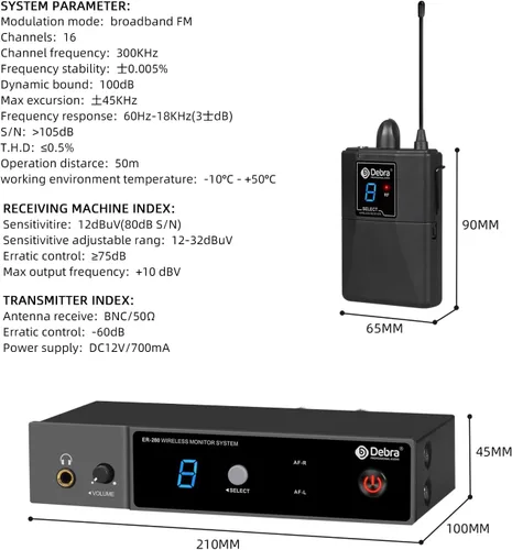 Miniatura 8 de D Debra Sistema de monitor inalámbrico en oído ER-280 UHF Transmisor y receptor profesional mono IEM con auriculares, para escenario, banda, estudio