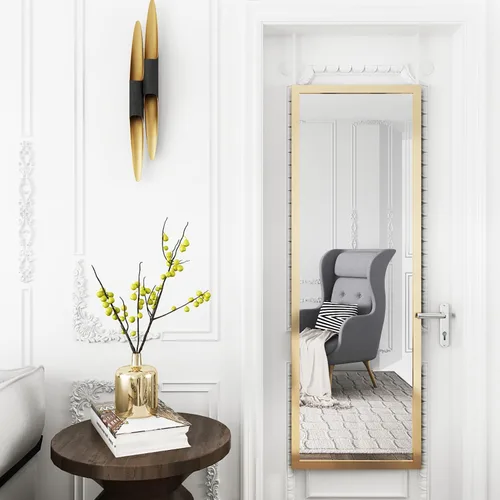 Miniatura 2 de whitebeach Espejo de puerta colgante, espejo de cuerpo completo de pared de longitud completa 44"x16" dorado montado en la pared sobre la puerta