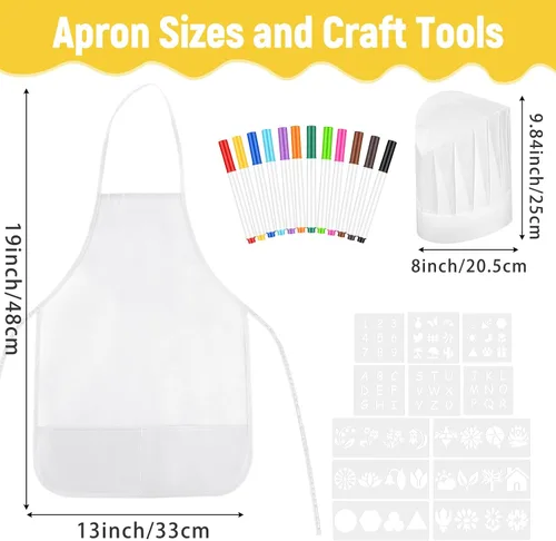 Miniatura 5 de DIY Kids Chef Hat and Apron Set Kids Painting Delantales con bolígrafo de colores y plantillas de manualidades para hornear pintura Artesanía, Blanco