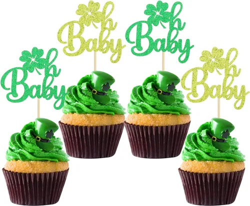 Gyufise Paquete de 24 adornos para cupcakes del Día de San Patricio Lucky Oh Baby con decoraciones de cuatro hojas para pastel de baby shower de San