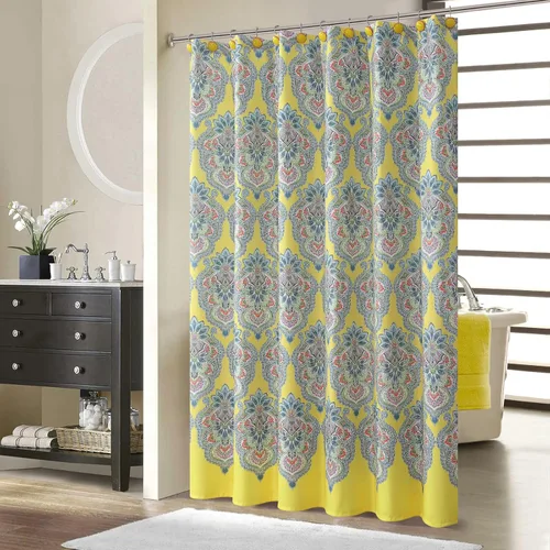 Miniatura 21 de Cortina de ducha larga de tela, cortinas de ducha de damasco bohemio con estampado de paisley en vino burdeos y oro amarillo, cortinas impermeables
