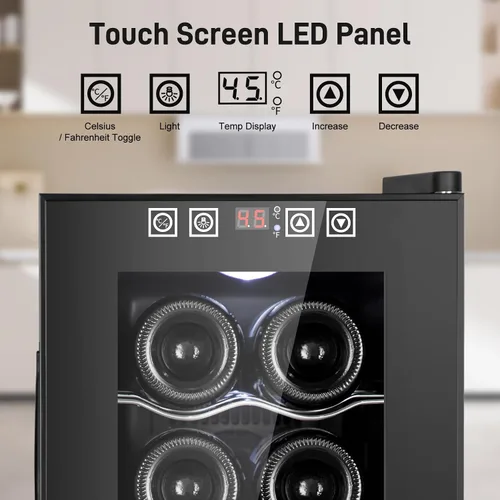 Miniatura 3 de Tylza Refrigerador de vino de 8 botellas, bodega con puerta de vidrio templado de baja emisión, pantalla táctil LED, cerradura, sin escarcha, sin