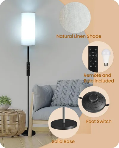Miniatura 5 de Lámpara de pie regulable para sala de estar con control remoto e interruptor de pie, lámpara de pie de esquina, lámpara alta de pie moderna, Blanco