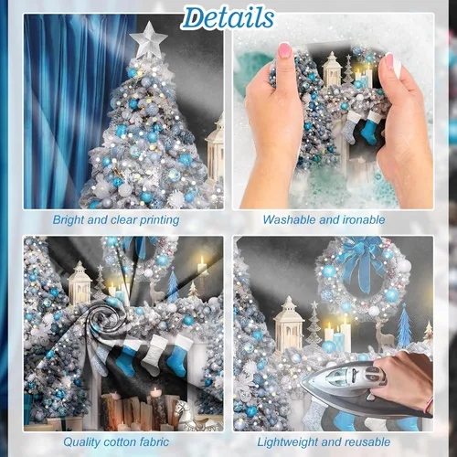 Miniatura 5 de Avezano Telón de fondo para chimenea de Navidad, cajas de regalo de juguetes, fondo de árbol de Navidad para fotografía, vintage, azul y blanco
