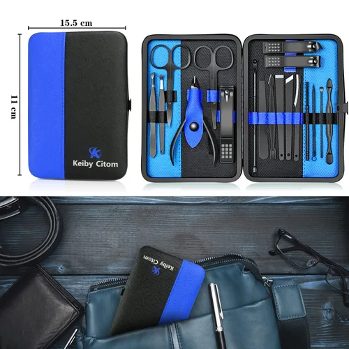 Miniatura 2 de Cortaúñas profesional de acero inoxidable, kit de viaje y aseo para uñas, herramientas de manicura y pedicura, juego de 18 piezas con estuche