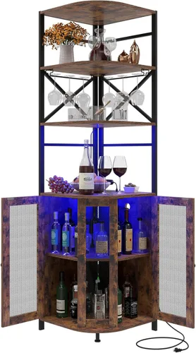 Miniatura 9 de Gabinete de bar de vino con toma de corriente, gabinete industrial de vino de 6 niveles con luz LED y soporte para vidrio, gabinete de vino