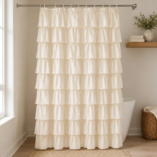 Cortina de ducha con volantes beige, estilo granja, elegante cortina de ducha color crema para baño, decoración Shabby chic, tela texturizada