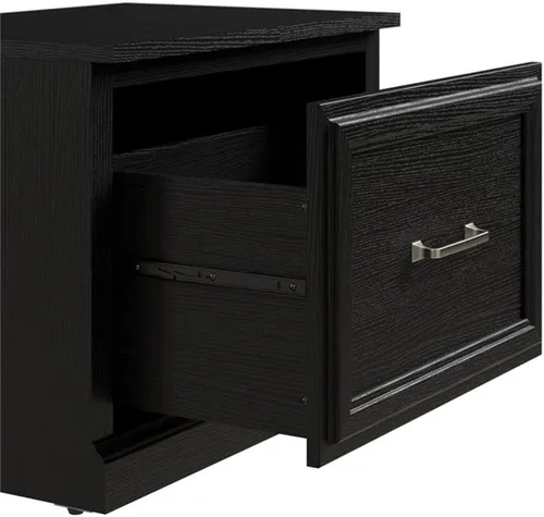 Miniatura 6 de Bush Furniture Woodland - Banco de zapatos pequeño de 24 W con cajón en roble de gamuza negra Organizador estrecho de calzado para entrada