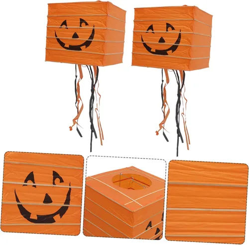 Miniatura 6 de ABOOFAN 2 linternas de calabaza de papel, luces LED, faroles de Halloween, decoraciones fáciles de colgar para ambiente de fiesta