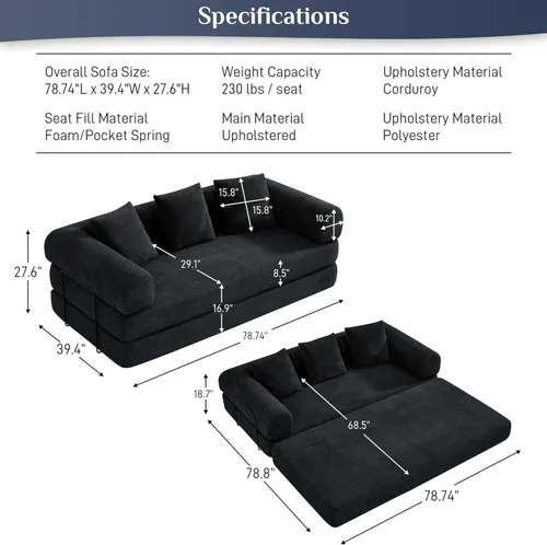 Miniatura 2 de DAMAIFROM Sofá cama convertible con almohada cilíndrica, sofá cama plegable de pana con marco de forma fija, sofá modular de suelo para sala de Negro