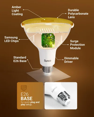 Miniatura 4 de Sunco - Bombilla LED amarilla para exteriores PAR38 repelente de insectos para porche, patio trasero, exterior, 13 W = 90 W, brillo ámbar de 2000 K