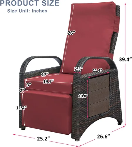 Miniatura 2 de Skypatio Silla reclinable de mimbre para exteriores con mesa auxiliar, respaldo ajustable independientemente y reposapiés, silla reclinable para Rojo