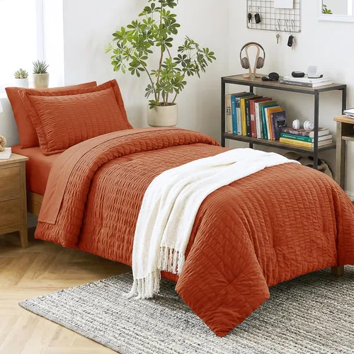 Miniatura 61 de CozyLux Juego de ropa de cama con edredón tamaño King Beige Seersucker de 7 piezas, juego de cama en una bolsa, con edredón, sábanas, fundas