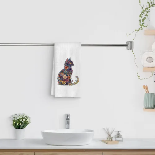 Miniatura 3 de Toalla de cocina con gato floral, toalla de mano con gato floral para decoración de baño, toalla de té para platos de cocina con gatito