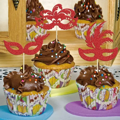 Miniatura 5 de Gyufise 24 máscaras de mascarada para cupcakes con purpurina roja, máscara de despedida de soltera para cupcakes, decoraciones para bailes de Rojo