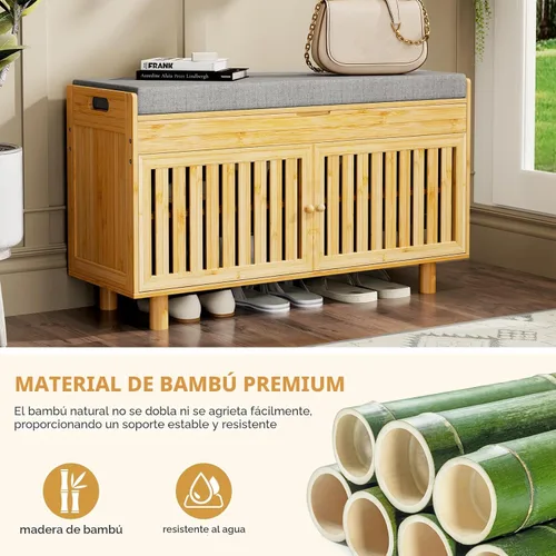 Miniatura 3 de Banco de almacenamiento de zapatos, banco de entrada de bambú con 2 puertas y cojín de asiento acolchado, 35.4" An x 12.6" Pr x 19.7" Al, zapatero