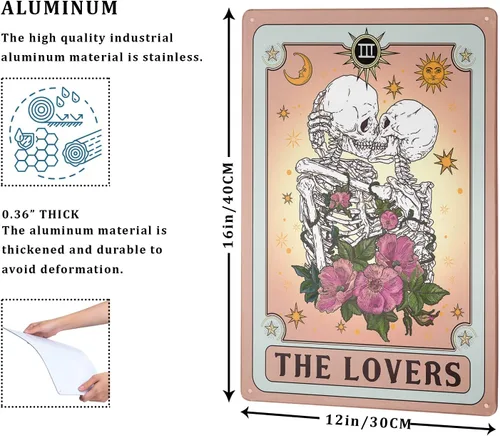 Miniatura 2 de Giwawa Kissing Lover Tarjeta de tarot de metal con diseño de calavera rosa retro de 12 x 8 pulgadas, decoración de pared, sol, luna, flor, floral