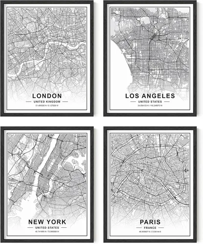 HAUS AND HUES Arte de pared en blanco y negro, juego de 4 cuadros en blanco y negro de arte de pared de la ciudad, París, Nueva York, Londres y Los