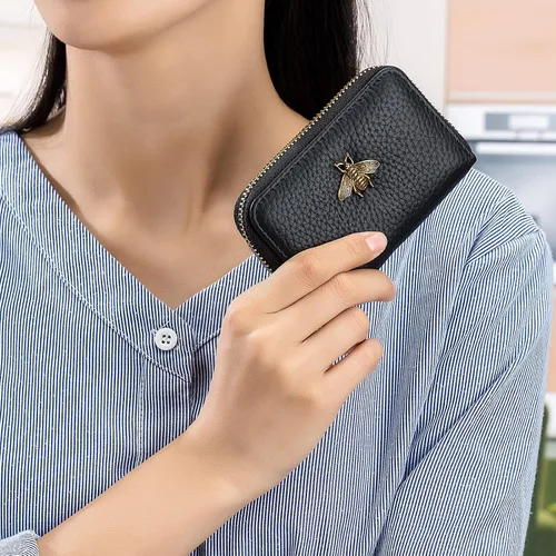 Miniatura 8 de imeetu - Tarjetero de cuero con cremallera y contra identificación por radiofrecuencia (RFID) pequeño, cartera para mujer