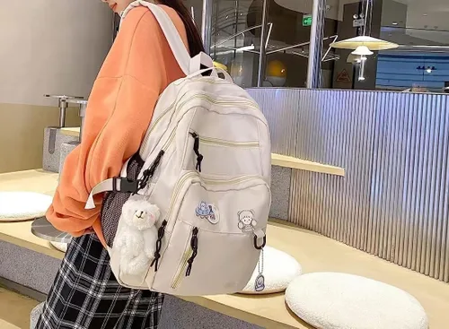 Miniatura 3 de Mochila estética, linda mochila Kawaii con alfileres y colgante para laptop, mochila casual para mujer, Beige, Mochilas Daypack