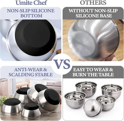 Miniatura 2 de Umite Chef Cuencos para Mezclar con Tapas Herméticas, Juego de 8 Cuencos de Acero Inoxidable para Mezclar Anidables, 3 Accesorios de Rallador y Negro