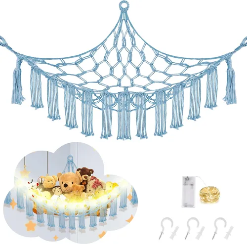 CERETIA Hamaca de animales de peluche con luz LED, red grande de almacenamiento en esquina de animales de peluche para decoración de habitación de