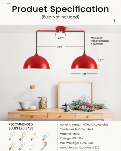 Miniatura 5 de Luces colgantes para isla de cocina, 2 luces, lámpara colgante de cúpula roja, moderna lámpara de comedor, iluminación de isla de cocina, luces Rojo