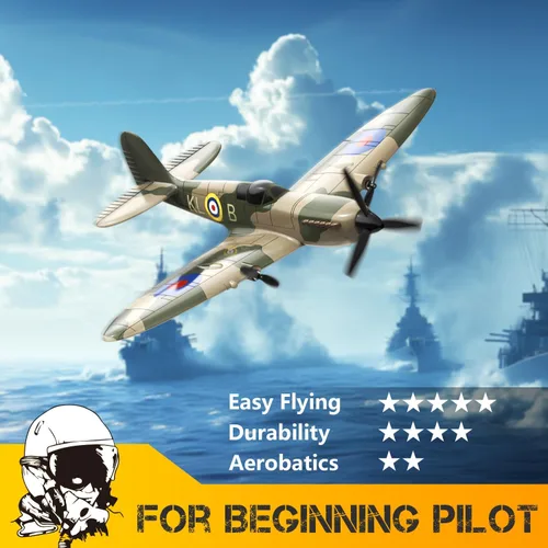 Miniatura 5 de HAWK'S WORK Avión RC Spitfire Fighter de 3 canales, Warbird de control remoto listo para volar, estabilizador giroscopio de 6 ejes de 2.4 GHz, fácil