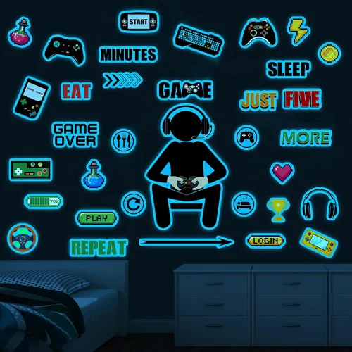 Miniatura 6 de Calcomanías de pared para jugadores que brillan en la oscuridad, calcomanías de pared para controlador de juegos, decoración de sala de juegos, Azul