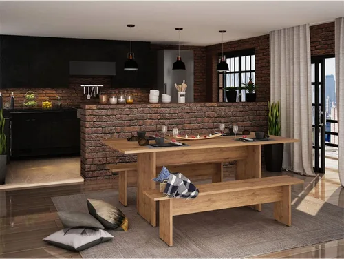 Miniatura 2 de Manhattan Comfort Nomad - Juego de comedor de 3 piezas para 6 personas con mesa de cocina moderna y 2 bancos, muebles de granja con acabado de grano