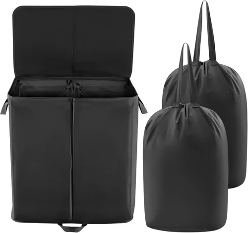 Lifewit Cesta de lavandería doble de 136L con tapa y bolsas de lavandería extraíbles, cesta grande dividida, cesta plegable de 2 secciones con asas