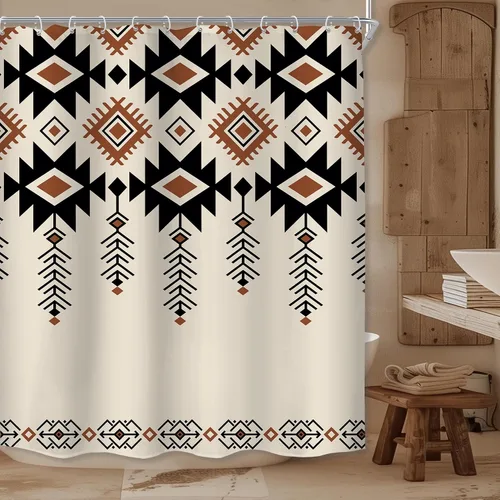 KOMLLEX - Cortina de ducha estilo occidental azteca para decorar el baño, diseño sureño, bohemio, vintage, geométrico, tribal, étnico, retro, Beige