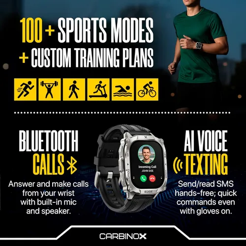 Miniatura 5 de CARBINOX Edge Smart Watch resistente, 1.96 ″ AMOLED, acero inoxidable, IP69K/5ATM rastreadores de fitness, doble banda GNSS, 500mAh, llamadas Negro
