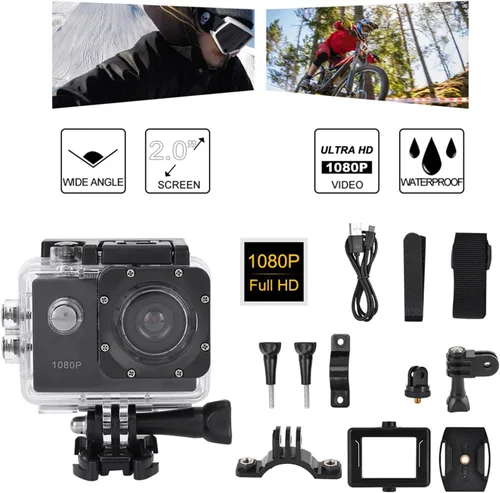 Miniatura 7 de Cámara de acción 1080P 30fps 12MP, cámara deportiva impermeable 30M de 2 pulgadas con accesorios para vlogging, buceo, esquí, negro