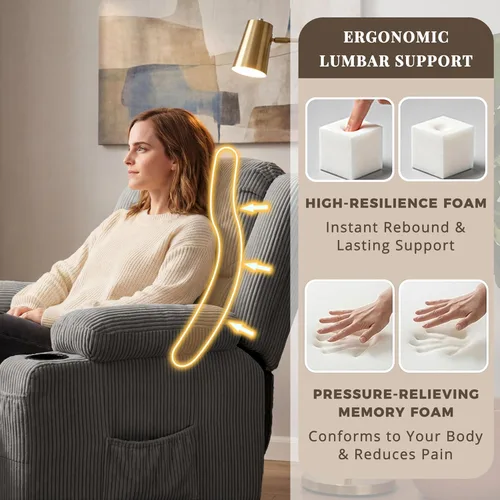 Miniatura 6 de Silla reclinable giratoria de 360 grados con calor y masaje, planeador reclinable manual de pana suave con puerto USB, 2 portavasos y 4 bolsillos