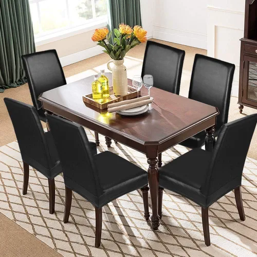 Miniatura 2 de YISUN Fundas para sillas de comedor, cuero sintético macizo, impermeable y resistente al aceite, elásticas, protectoras (negro, paquete de 4)